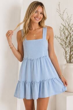 Anna Grace Pastel Blue Square Cut Sunday Coquette Tiered Mini Malibu Sundress S